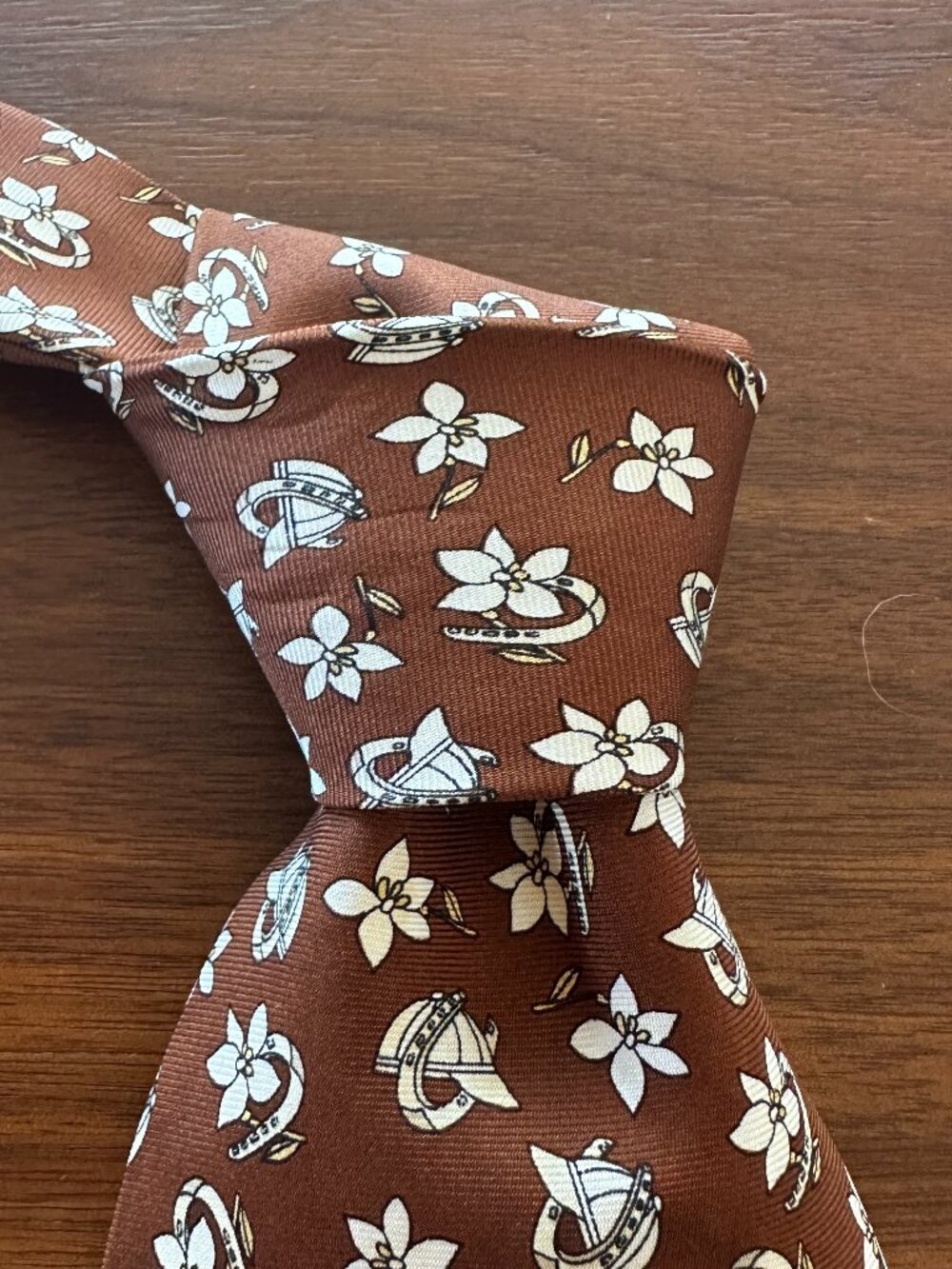 Longchamp Brown White Novelty Silk Tie